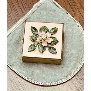 Vintage Floral Enamel Trinket Pill Box Faux Pearl Rhinestone Gold Tone 1.25"